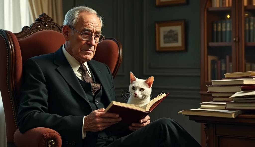 An elderly man with a serene and contemplative expression, thin. He has short, dark hair, a little bald in the front, a little gray, no beard and wears a classic 1930s suit, with small, square prescription glasses and a discreet tie. Cayce is sitting with his cat in a vintage-looking chair in a setting reminiscent of an old office, with books and papers in the background. The soft, diffuse lighting highlights his face, conveying an aura of wisdom and introspection. In one hand, he holds an open book, symbolizing his knowledge and psychic abilities. The scene has a nostalgic and mysterious tone, reflecting the enigmatic nature of his predictions and readings. talking to several people