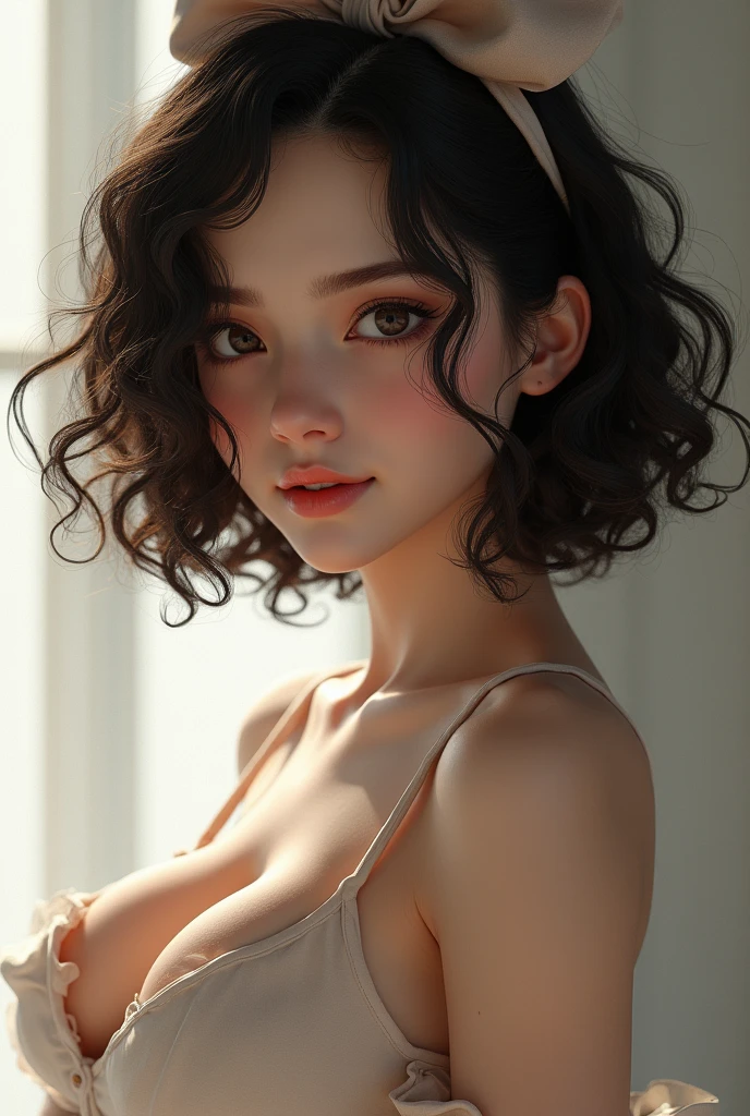 (photorealism:1.2), beautiful girl, . She has short, curly shoulder-length hair and a large bow in the back of her hair. Both cheeks are covered with hair. She has big breasts