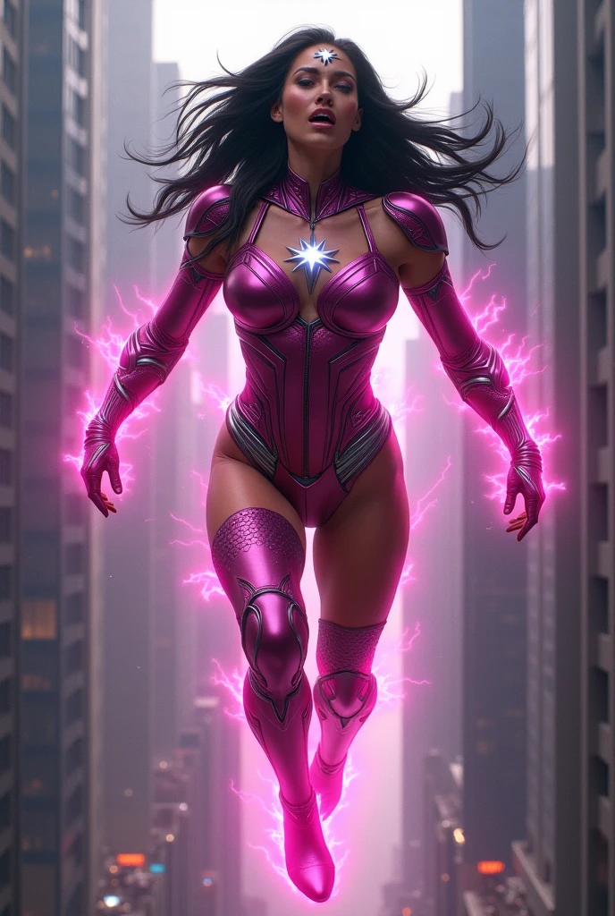 (((Mask soldiers Wonder Woman))),(((Midjourney A beautiful American woman with light eyes and long black hair))),(((Flying between the skyscrapers Screaming))),(((Wearing a fuchsia leather swimsuit))),(((with long sleeves))),(((With tiny scales on his suit))),(((Fuchsia sleeves falling from her shoulders))),((((Long boots above her knees))),(((Long fuchsia leather gloves))),(((Long silver-colored metal bracelets fitted to your wrists))),(((Fuchsia corset with white ten-pointed star))),(((In his abdomen))),(((Mask soldiers Wonder Woman in fuchsia metal with a white star on her forehead))),(((Mask soldiers in fuchsia metal with a white star on their forehead))),(((Woman of thick build with muscles in her arms and legs))),((((((,This costume does not have any kind of cape or wings.)))))),(((fuchsia magic around her whole body)))