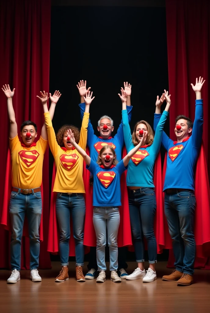 Group of 5 ordinary people, men and women, They are between 8 and 60 years old, dressed as superman with a cape, They wear colorful shirts, Each one wears a small red clown nose, They have their arms raised and have a joyful expression, They are standing in the middle of a theatre stage with the curtain open.