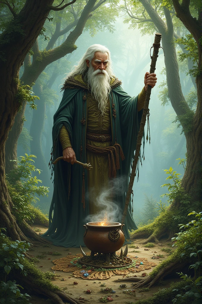 Witch-like man cooking with lots of plants and branches 