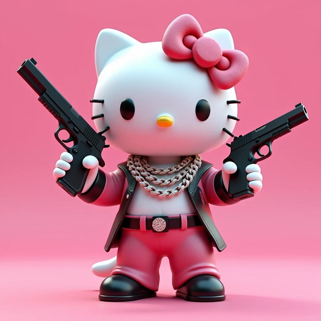 (Hello Kitty white) (3D format) (empty pink background) She has some diamond Cubans on her neck, In one hand he holds a black Glock, In the other hand he has a 38 revolver