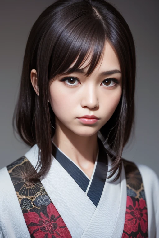 a traditional japanese woman wearing a silk kimono, cyberpunk style, neon lights, detailed face, detailed eyes, detailed lips, extremely detailed, 8k, high quality, masterpiece, photorealistic, (intricate background, detailed kimono patterns, katsushika hokusai,cinematic lighting), perfect focus, filled edges, bokeh effect, the face needs to be in the key point of the sedondary elements, minamalist background, sharp lights from the left side