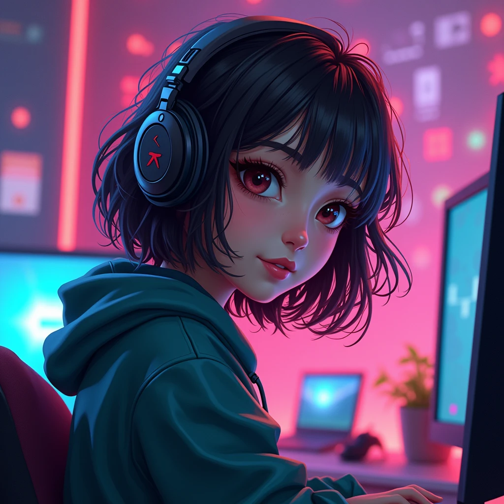 Gamer girl with shoulder length hair
