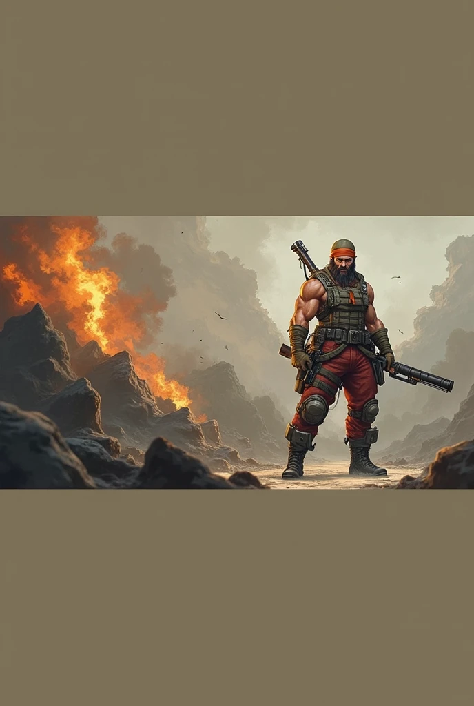 best quality,masterpiece,full-body shot,A man,A Nordic woman,mercenary,Perfect and well-developed muscles,Thick arms,Beard,short hair,temple,Foul Mouth,Large genitals,Very high nose,Orange Khaki Duckbill Hat,(Brown T-shirt),(Tactical bulletproof vest!),An orange cloth towel is wrapped around the neck,Wearing a tactical waistband around the waist,There are various tactical throwing objects hanging on it.,Military black tactical belt,Desert open toe gloves,Red camouflage tactical pants,Black leather knee pads,Black leather combat boots。(Note the color difference above!)