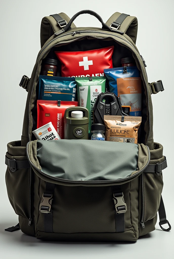 A realistic image showing the contents of an emergency backpack