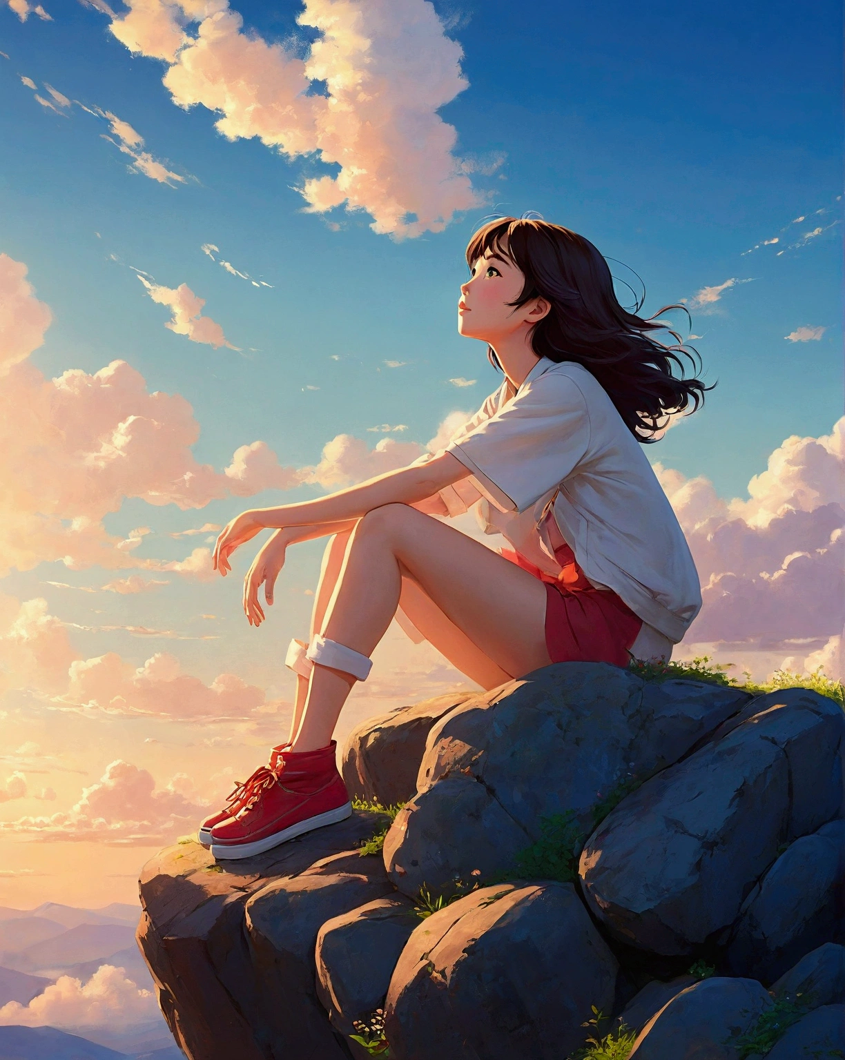 A woman sitting on a rock and looking at the sky, Landscape by Ilya Kuvshinov, Beautiful girl, beautiful picture, beautiful japanese cartoon movies, Sitting cutely on the mountain, realistic cute girl illustration, japanese cartoon movies beautiful peace scene, japanese cartoon movies picture, makoto shinkai cyril rolando, Looking at the clouds. japanese cartoon movies, Lopi Girl, beautiful japanese cartoon movies style, beautiful japanese cartoon movies scene