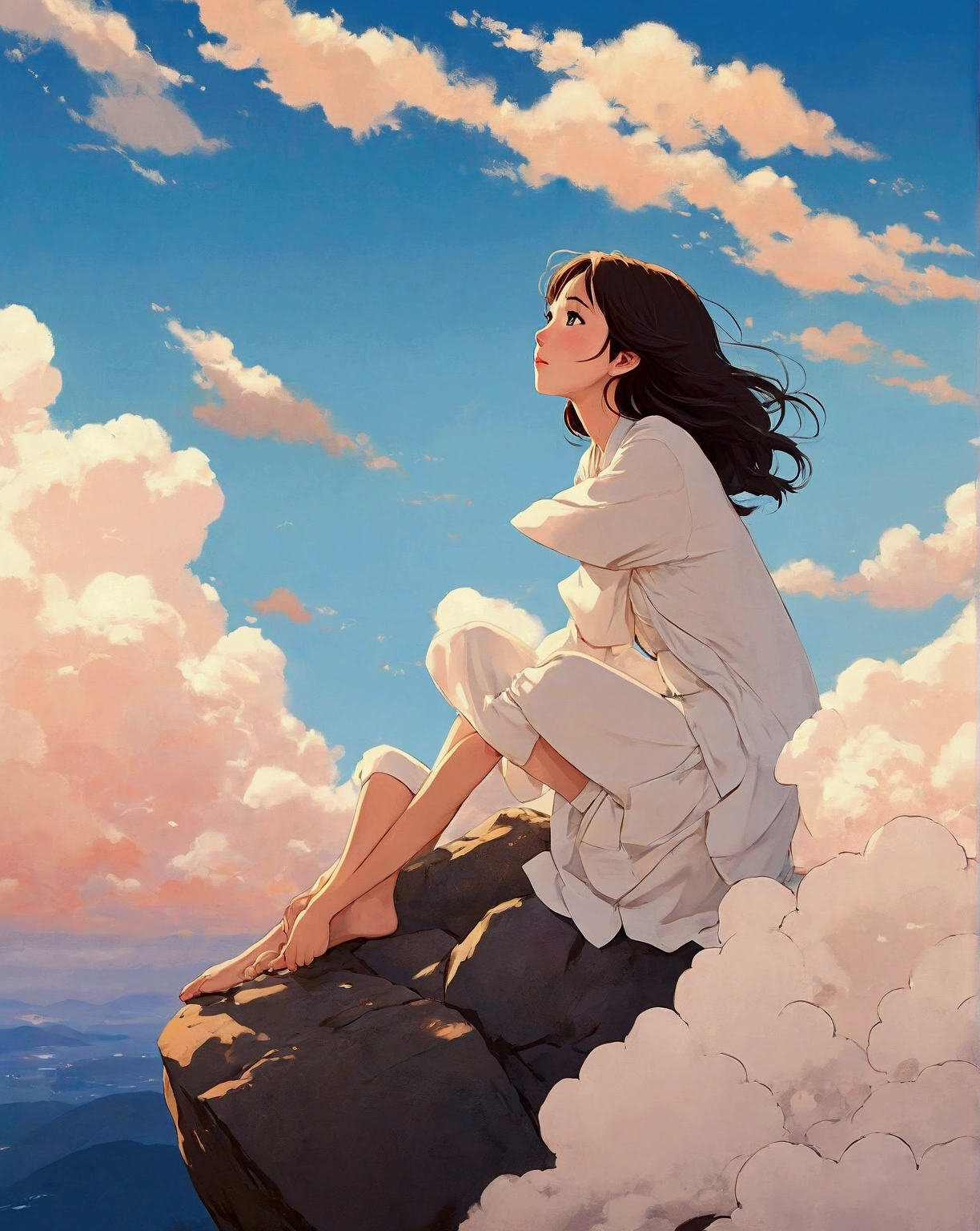 A woman sitting on a rock and looking at the sky, Landscape by Ilya Kuvshinov, Beautiful girl, beautiful picture, beautiful japanese cartoon movies, Sitting cutely on the mountain, realistic cute girl illustration, japanese cartoon movies beautiful peace scene, japanese cartoon movies picture, makoto shinkai cyril rolando, Looking at the clouds. japanese cartoon movies, Lopi Girl, beautiful japanese cartoon movies style, beautiful japanese cartoon movies scene