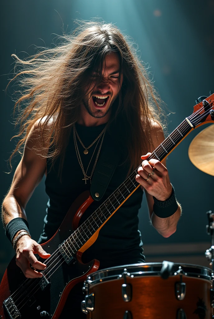 Long haired metal double bass drummer