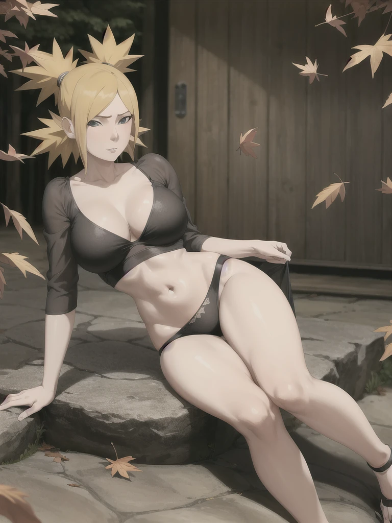 Artwork, absurderes , (Intricate details), (fullcolor),cinematic lighting,gunshot, no bust,extremely detailed 8k CG unity wallpaper,Temari\(boruto\), 1 girl, mature woman,yellow t-shirt,wore a tight black bra, wet white panties, While sitting, Full ar, (falling leaves:1.3), Outo
no leaves, (Thu), sun lighting, Maple tree, parted lips,Tuuli,  looking ahead at viewer,  