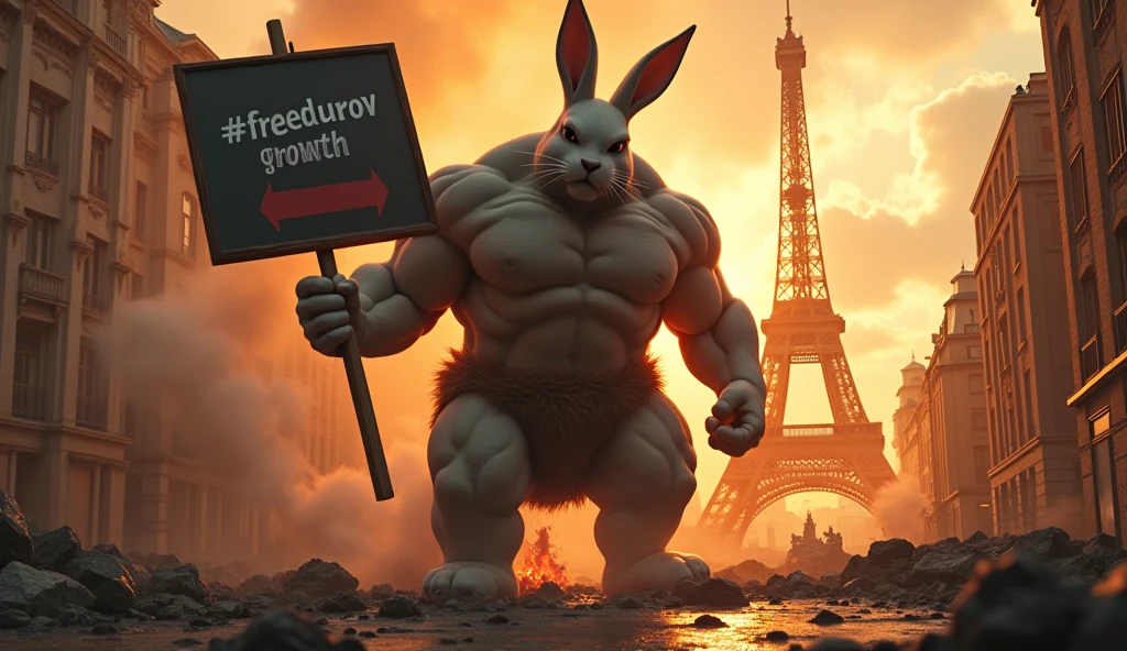 Rocky Rabbit with a six-pack body with a big and very tall body destroys the city of Paris, the buildings collapse due to the power of Rocky Rabbit and the dust and smoke rises and the Eiffel Tower catches fire, there is a painting in Rocky Rabbit's hand that #FREEDUROV written growth