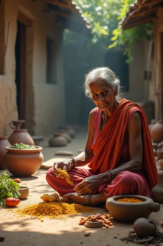 Indian village grandmother making pickle and grinding masala