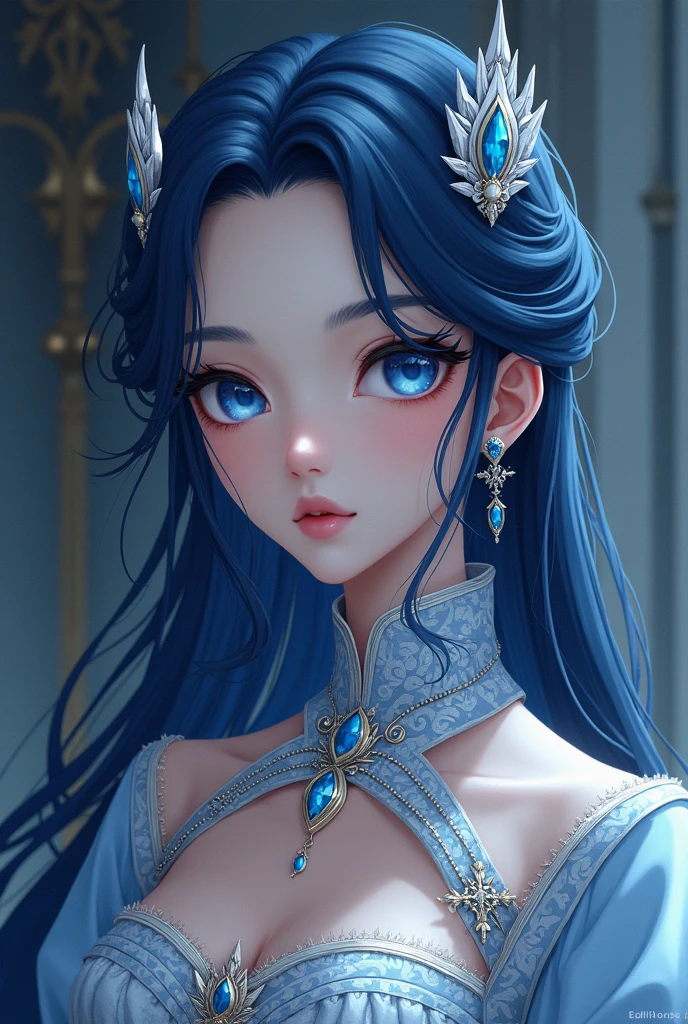 Anime age girl with long dark blue hair, blue eyes, with formal clothes and jewelry, like an ice queen