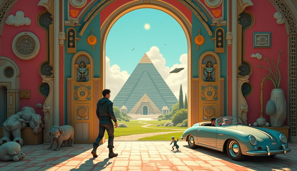 Un homme avec des vêtements futuristes pousse des deux mains des portes futuristes  avec des figures géométriques de couleurs différentes sur la porte et devant lui une pyramide avec de l'herbe et des animaux ,le tout ressemblent à la peinture que j'ai publié et un robot et à côté devant une des portes et le personnage caucasien avec un Péroqué sur l'épaule et un aspect baroque est légèrement ajouté une soucoupe volante est ajouté et un extra terrestre petit gris,le personnage se tient droits les jambes légèrement écartées en poussant les portes il y a des mécanismes et horlogerie sur les portes et une voiture ancienne améliorée venus du futur 