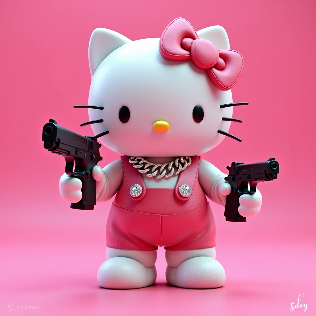 (Hello Kitty white) (3D format) (empty pink background) She has some diamond Cubans on her neck, In one hand he holds a black Glock, In the other hand he has a 38 revolver
