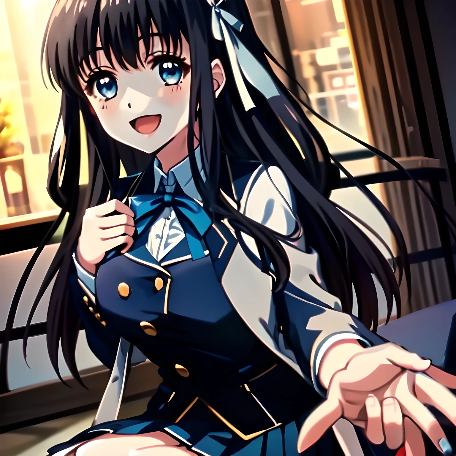 (highest quality, masterpiece, Full HD, High definition: 1.2), (Game CG art of beautiful laughing seated girl: 1.2), (Just one very beautiful date-game heroine who is looking and laughing at me, Very detailed cute yo heroine's eyes and face, Beautiful eyes with detailed: 1.0),  (Girl whom everyone loves because of her beauty and lovely fashion and noble manner. : 1.0),  (Very beautiful, wavy, cutely shining super-super-long blue hair, with elegant hair ribbons, spreading on whole the screen: 1.0), (Laughing very beautiful and lovely sapphire-blue intelligent eyes which charms and enslave me inevitably, with clearly detailed: 1.4), (Eyes are clearly detailed), (very long eyelashes: 1.0), (Noble black neat sailor-styled formal school uniform with a noble expensive ribbon on the chest: 1.0), (Blue charming pleated school skirt: 1.0),  (Soprano singer of classic music: 1.0), (Can't stop giggling: 1.4)