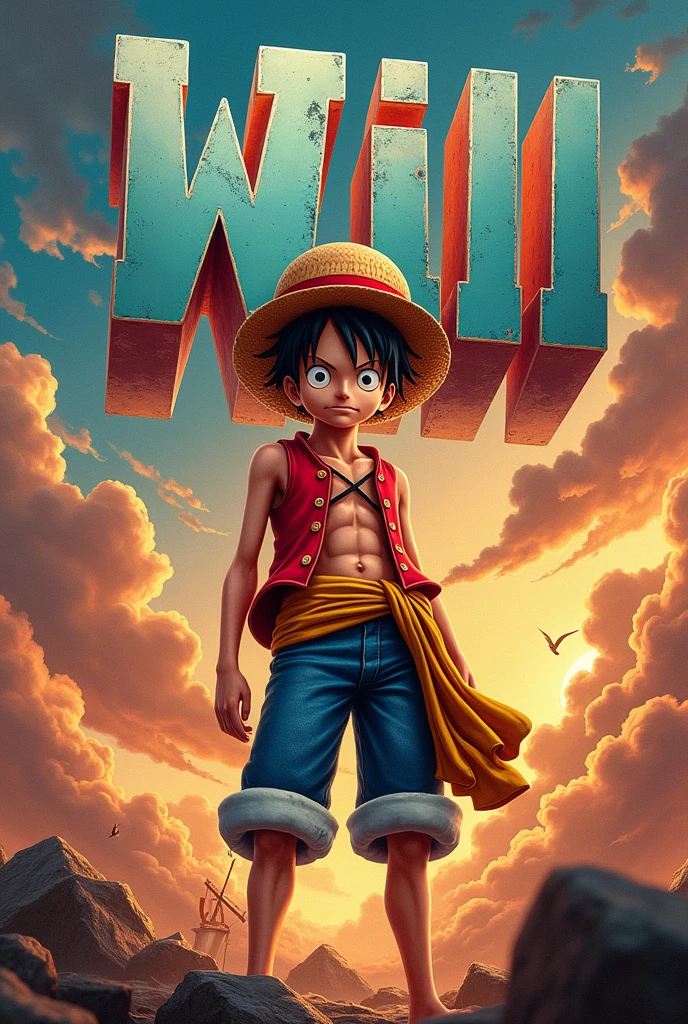 Recreate an image of Will with that name in the back and the One Piece character in front, Luffy in 4K please and unique and the big Luffy