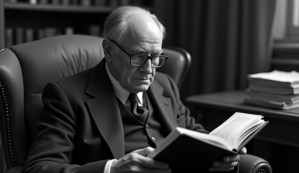 black and white image of a thin, elderly man with a serene and contemplative expression. He has short, dark hair, a little bald in the front, a little gray, no beard and wears a classic 1930s suit, with small, square prescription glasses and a discreet tie. Cayce is sitting on a vintage-looking chair in an environment reminiscent of an old office, with books and papers in the background. The soft, diffuse lighting highlights his face, conveying an aura of wisdom and introspection. In one hand, he holds an open book, symbolizing his knowledge and psychic abilities. The scene has a nostalgic and mysterious tone, reflecting the enigmatic nature of his predictions and readings. talking to several people