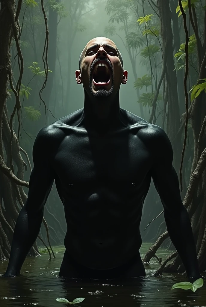 Tattom male model shaved head pointy mustache, soul pach, tall, slim fit, screaming, al of hes body, face stais cleen, is painted black, cavaring all tattos in luisiana swamp