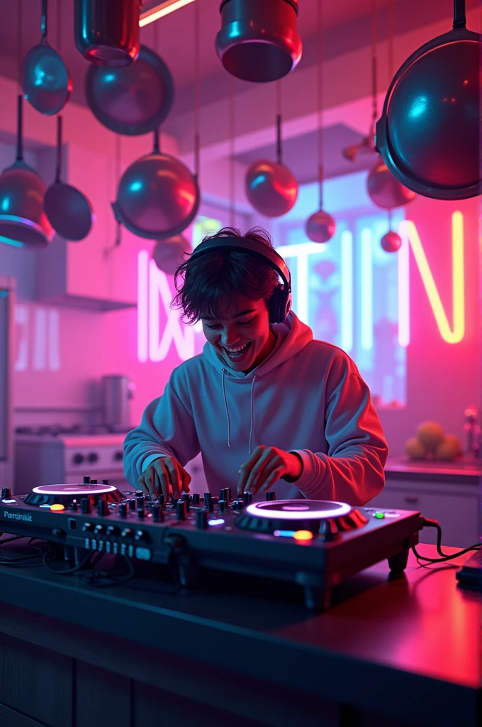 create an image of a very happy young DJ, playing his equipment, in a kitchen, with neon lights and pans hanging