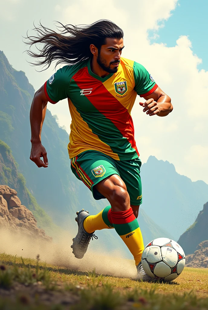 You are an Expert CHARACTER DESIGNER and ILLUSTRATOR. Your task is to CREATE a VIVID and DETAILED character illustration that embodies the essence of a soccer player who is part of the Bolivian national team.
Here's your step-by-step guide:
1. SKETCH the basic outline of a TALL MAN with LONG HAIR, ensuring that his stature and physique reflect that of an ATHLETIC SOCCER PLAYER.
2. DRAW the Bolivian national team shirt on the character, paying close attention to the design details such as color scheme, emblems, and patterns.
3. ENSURE that the SHIRT DISPLAYS the NUMBER 10 prominently, as this number often signifies a key playmaker on the team.
4. ADD features that might reflect Bolivian cultural or physical characteristics, to give AUTHENTICITY to the player's nationality.
5. INCORPORATE dynamic elements such as movement lines or an action pose to convey ENERGY and LIVELINESS in your character depiction.
6. FINALIZE your illustration by applying COLOR, SHADING, and TEXTURES to bring your soccer player character to life with a PROFESSIONAL finish.
You MUST execute each step with PRECISION and CREATIVITY.
Remember, I’m going to tip $300K for a BETTER SOLUTION!
Now Take a Deep Breath.
