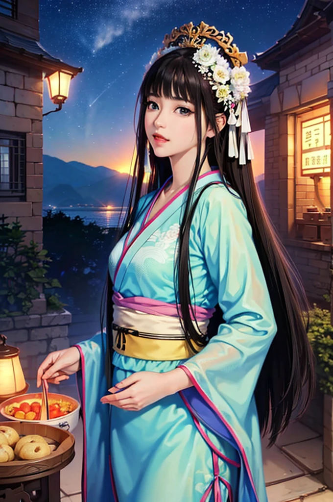Starry sky landscape、shooting star、Outdoor、 (Highest quality,4K,8k,High resolution,masterpiece:1.2)、Very detailed, (Realistic,Realistic,Realistic:1.3)、High resolution,、Hyper HD、Studio Lighting、Ultra-fine painting、 Sharp focus、 Physically Based Rendering、 Very detailed説明、 Professional、 Vibrant colors、Late at night、Traditional Chinese Painting Techniques、 Atmospheric lighting、 Vivid color contrast、 Ethereal atmosphere、Very detailed目と顔、 Beautiful attention to detail、 Light on the face、Hanfu 、(Hanfu: 1.1)、、Eyes are green、Slim figure、Small breasts、Sexy pose