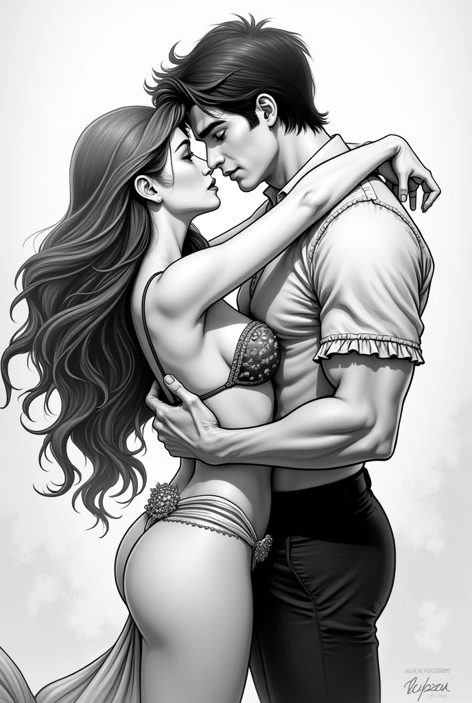 monochrome manga art style of the lustful ariel and prince eric