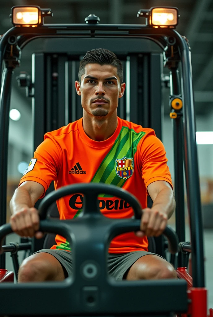 Cristiano Ronaldo wearing an orange shirt with a fluorescent green stripe in the middle that says Almacenes FC and riding in a forklift.