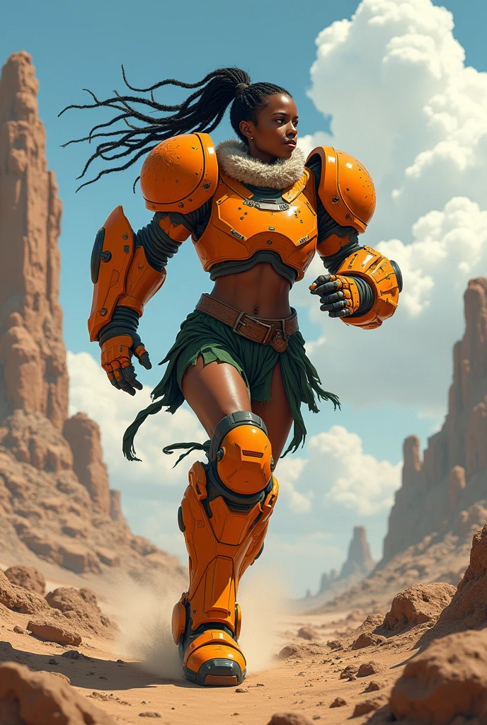 in an anime style depict an affrican woman in orange power armor covering her arms, shoulders and upper chest. The armor is a bold orange and very heavy looking, with bulky blocky features especialy over the chest, the shoulder pads of the armor or large and round. Under the armor is a dark green suit that covers her arms. the collar of the armor is high and fringed with fur. The gauntlets are bulky and robotic, and fringed with fur around the tops. Her midriff is bare and exposes her fit stomach. Around her waist is an old thick leather belt, covering her lower body is a ragged dark green loin cloth that leaves her hips and legs bare. Her upper legs are bare while on her lower legs she wears heavy orange armored boots, topped with fur. Her legs are bare. Her short black hair is in dreadlocks which are pulled back in a pony tail. The background is a rocky terrain with a barren mountain behind her. Show her running across the terrain, looking to the side. Position the camera to catch her from the side. 
