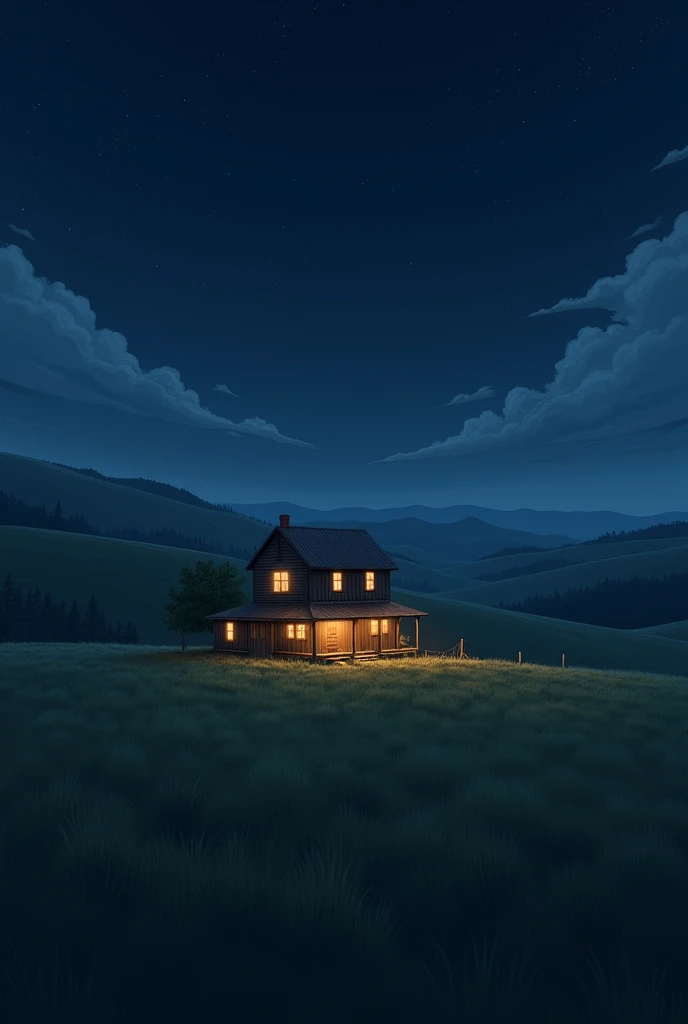 a farmhouse beyond a field at night