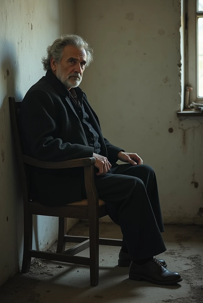 Emil Cioran sitting on a chair in a dirty white room