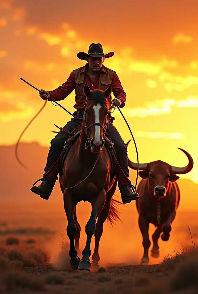 Cowboy on horse lassoing bull in pursuit at sunset