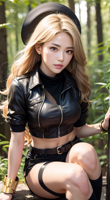 Yang Xiao Long (\rwby\), 1 girl, 3、Highest quality, High resolution, masterpiece, uhd,A breathtakingly beautiful body、Breathtakingly beautiful face、High resolution, sharp: 1.2, Perfect Body Beauty: 1.4, Slim Abs: 1.2, Highly detailed face and skin texture, Detailed eyes, double eyelid, Looking into the camera, Purple eyes, Long Hair, Forest Background, Perfect lighting,(bright), leather jacket, Hyperrealism, Knee socks, rwby, wavy bright golden hair, Mechanical gauntlet, Tan shorts, Orange neckband, Tea Belt, Yang Xiao Long