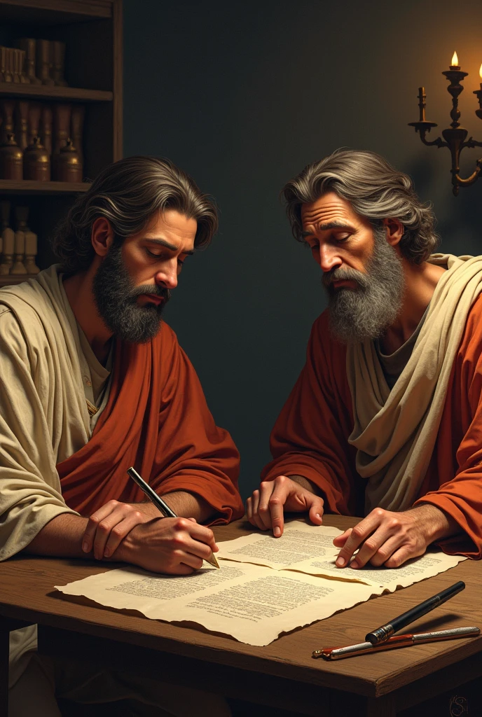 Peter and Silvanus writing the epistles of the bible