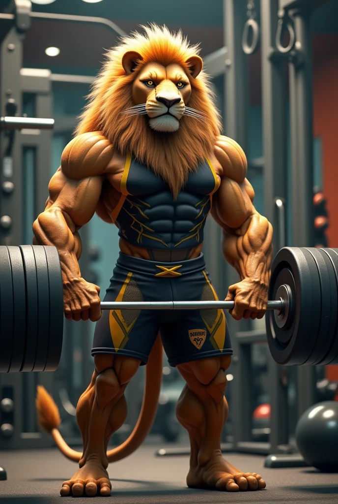 Lion in gym clothes holding weights