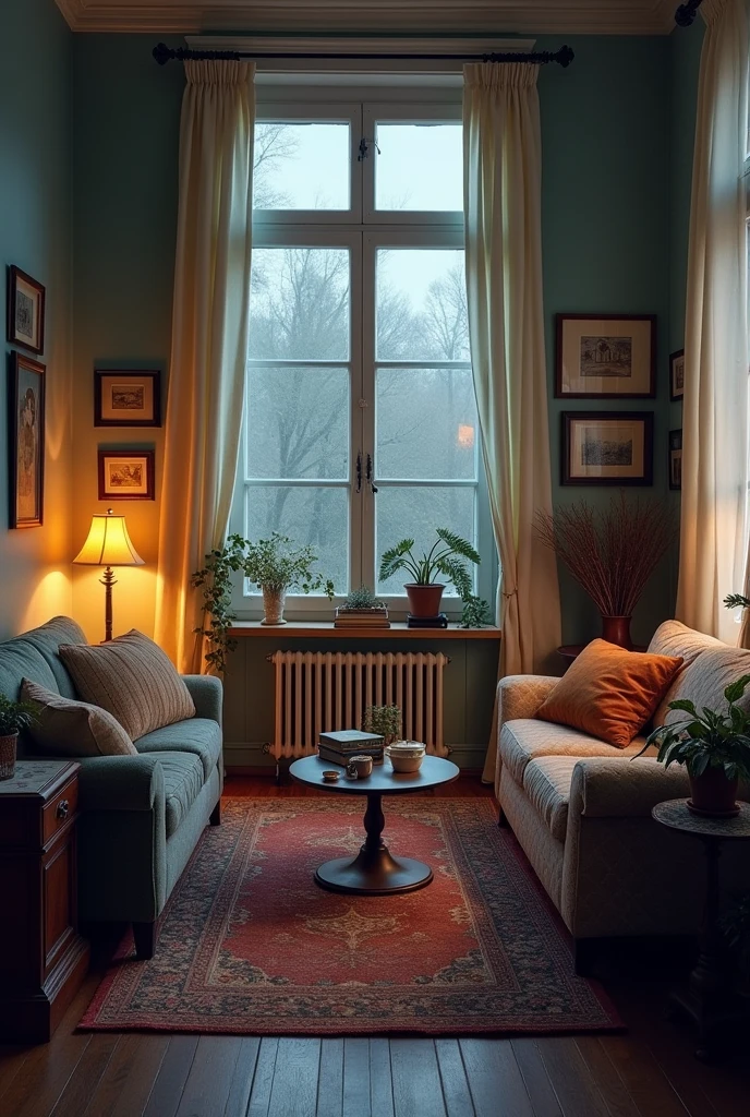 Living room of a crowded house, cloudy weather