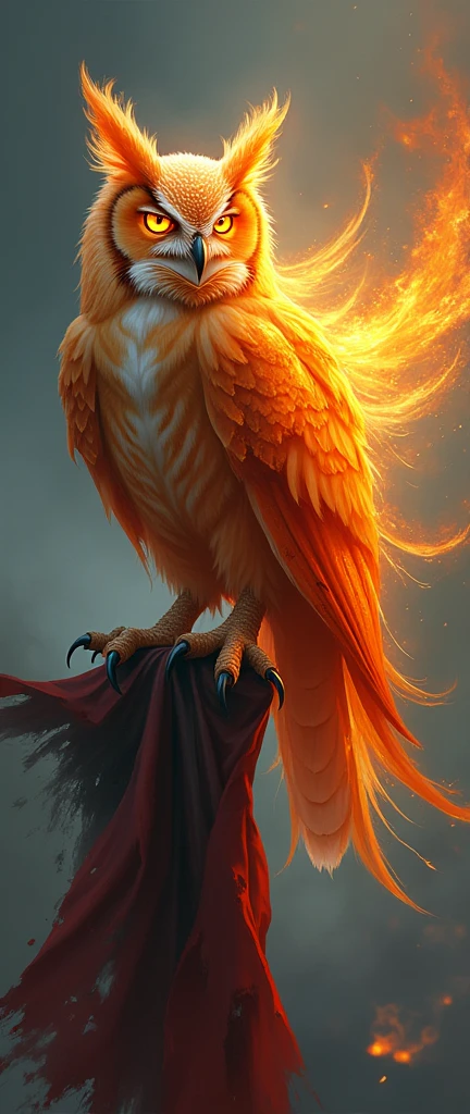 The owl of beautiful flames, with an aura of darkness and light around him, he perched on a flag that had been burned due to war