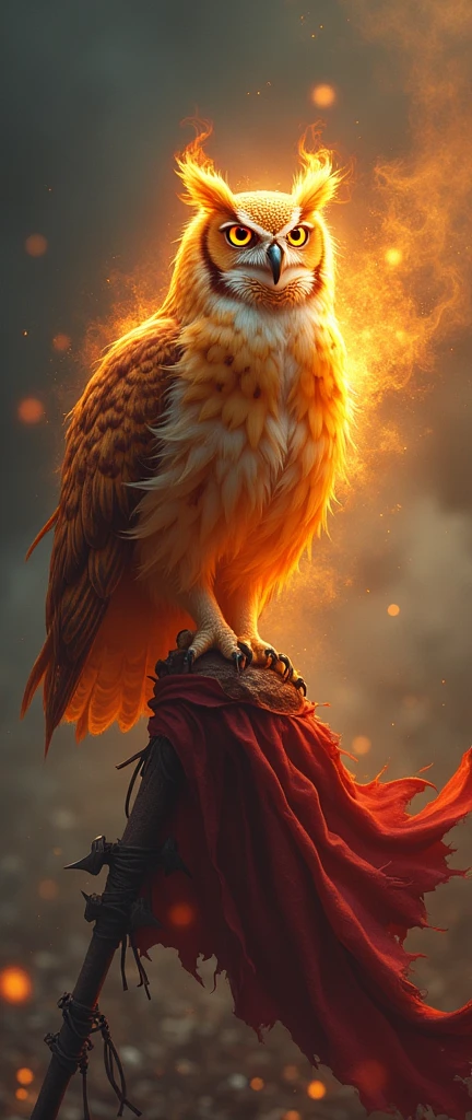 The owl of beautiful flames, with an aura of darkness and light around him, he perched on a flag that had been burned due to war