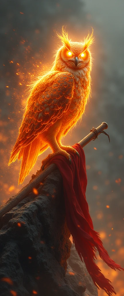 The owl of beautiful flames, with an aura of darkness and light around him, he perched on a flag that had been burned due to war