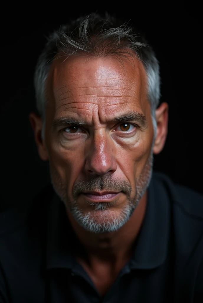 a serious man staring at the camera, 8 k quality, black backdrop, ultra realisitic, brown and reflective eyes