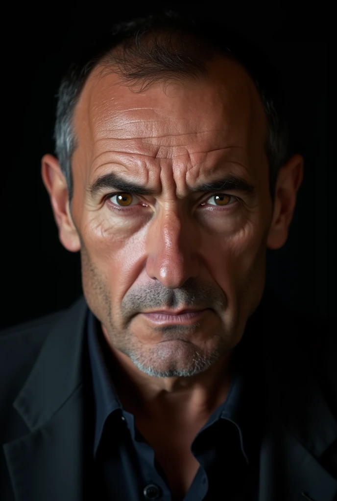 a serious man staring at the camera, 8 k quality, black backdrop, ultra realisitic, brown and reflective eyes
