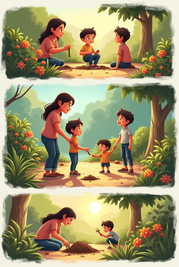 Create a small Comic with 4 sections that represents this story:

In a cozy house, Ana worries about the messy garden and calls her children, Lucas and Sofía. At first, Lucas doesn't want to help, but Ana reminds them of the importance of respecting their home. It proposes a plan where each one has specific tasks, highlighting that discipline is key to achieving it.

The next day, the family works together in the garden: Lucas collects trash and Sofía waters the plants. With a joint effort, they transform the garden into a beautiful space. In the end, they sit together to enjoy their work, understanding that respect, discipline and participation strengthen family ties