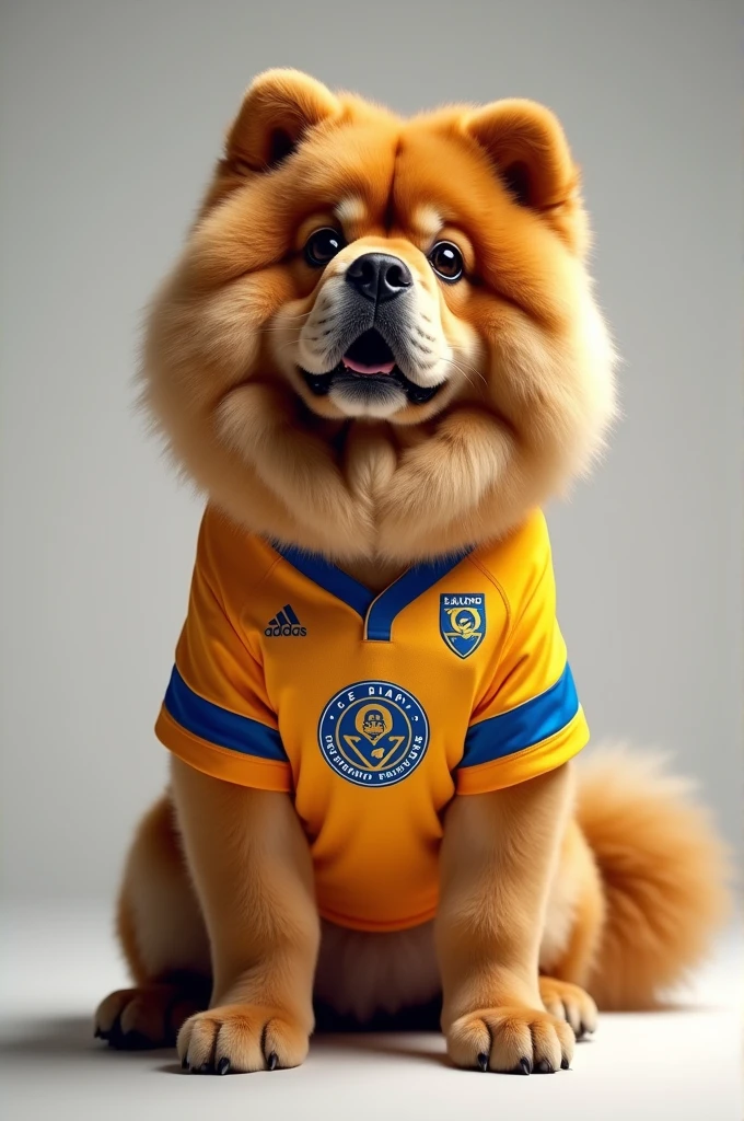 Create an image of a chowchow dog wearing the Quito University Sports League team jersey