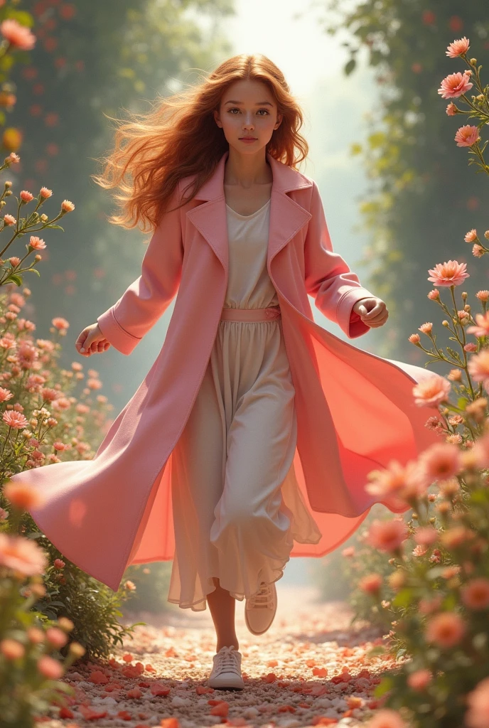 A beautiful girl wearing a pink long coat running in a flower garden