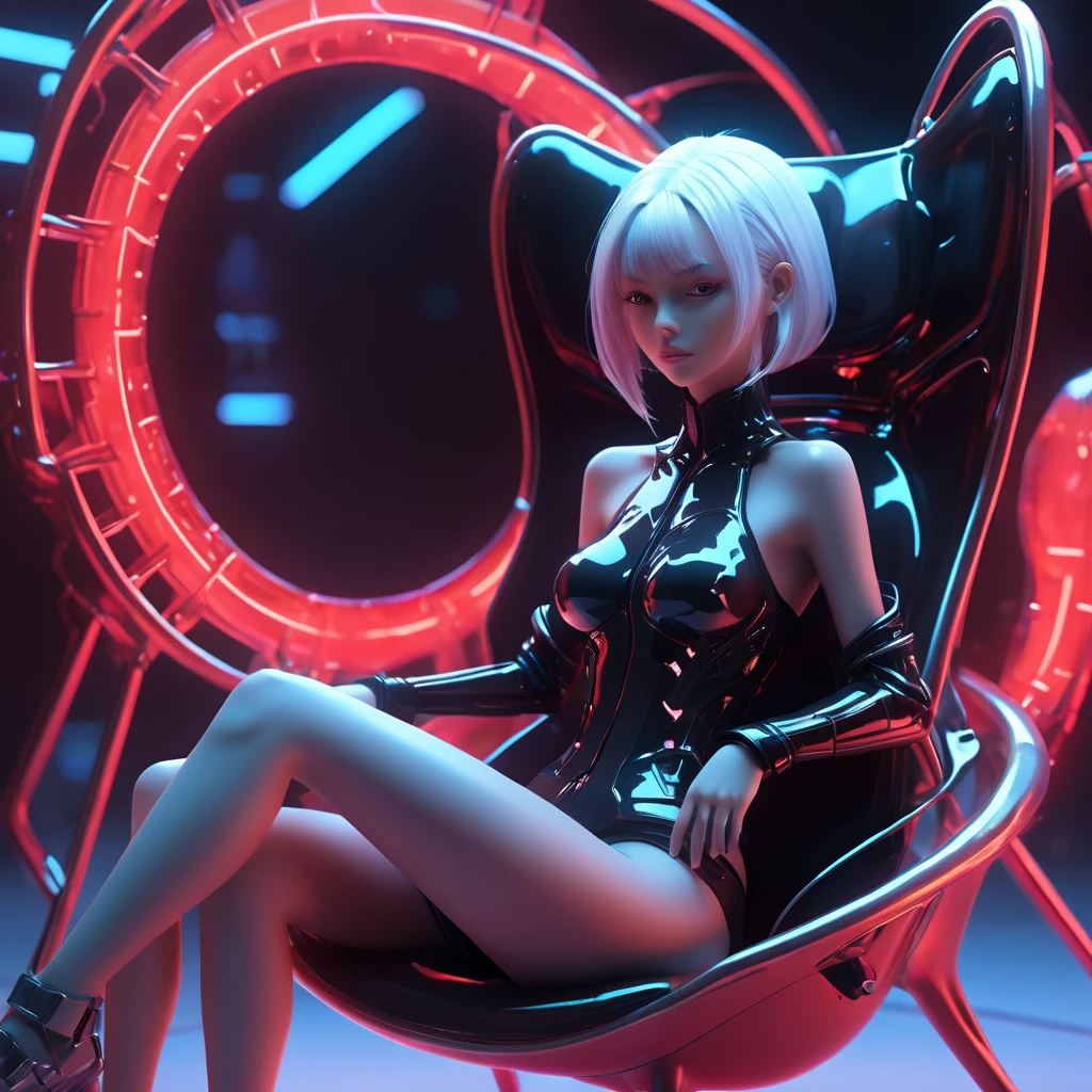 a 15 old in a bikini top and shorts sitting on a chair, 3 d neon art of a cyberpunk frog, s cifi character render, 3 d render stylized, 3 d render beeple, stylized 3 d render, style of starfinder, scifi character, rolands zilvinskis 3d render art, rendered in red shift, colored z brush render