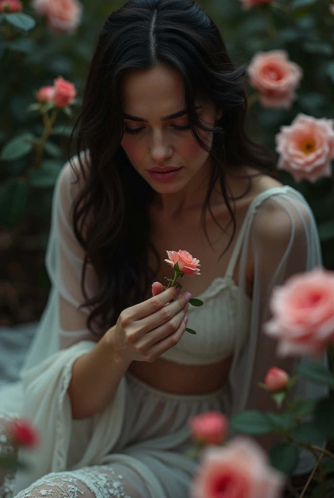 A woman, resembling with Gal Gadot actress, sitting in a white lace dress looking at a rose flower in her hand with her head bowed, crying. In her surrounding, there are roses. The roses symbolize love and beauty, while her posture and expression convey a deep sense of sorrow and emotional pain. Realistic image