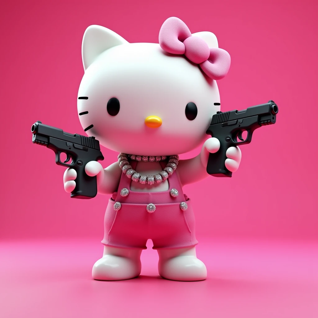 (Hello Kitty white) (3D format) (empty pink background) She has some diamond Cubans on her neck, In one hand he holds a black Glock, In the other hand he has a 38 revolver