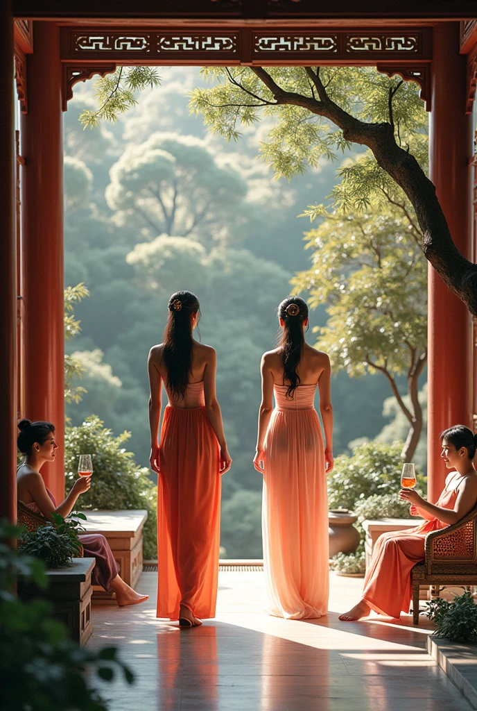 In the full Tang Dynasty, beautiful women in the courtyard of the flower garden were walking around, wearing sexy clothes, their sarongs showing their breasts, and young men were lying on chairs drinking wine.