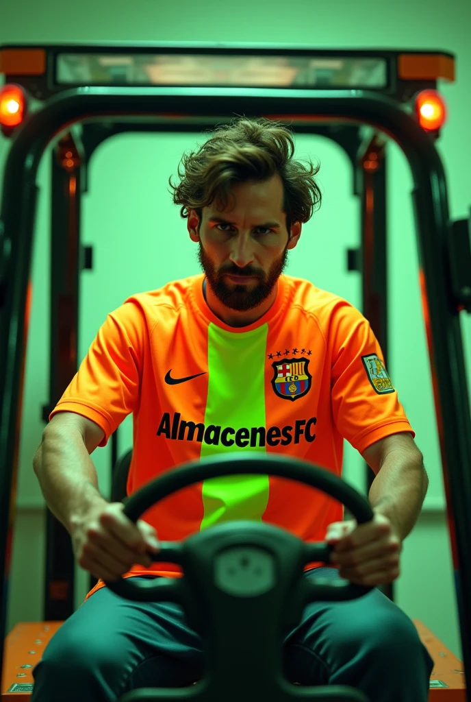 Messi wearing an orange shirt with a fluorescent green stripe in the middle that says Almacenes FC and riding in a forklift.