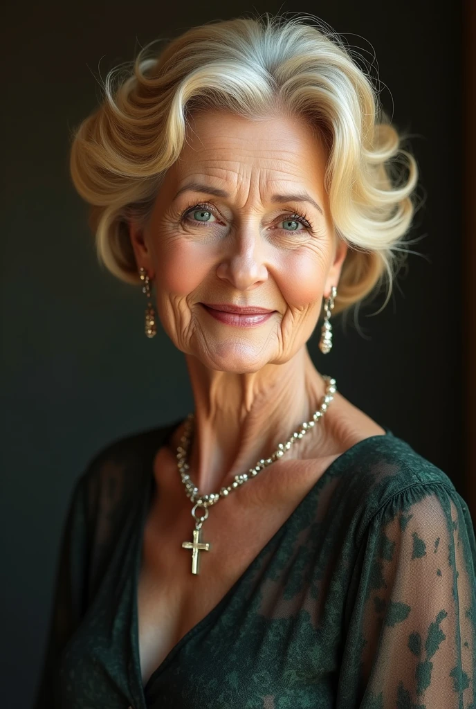 A grandmother with yellow hair,with an elegant dress,with bright blue eyes,with an elegant hairstyle,and with a necklace with a cross
